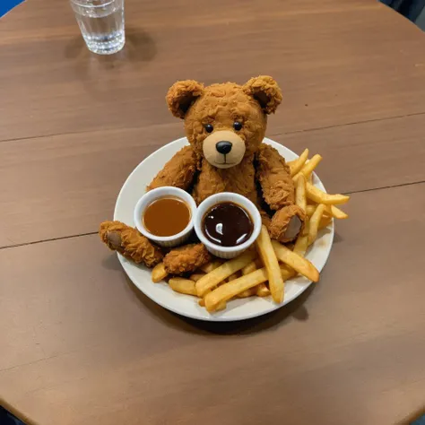 a half eaten tasty deep fried dark crispy tenders teddy bear laying in a pool of gravy and fries on a plate in a truckers cafe
