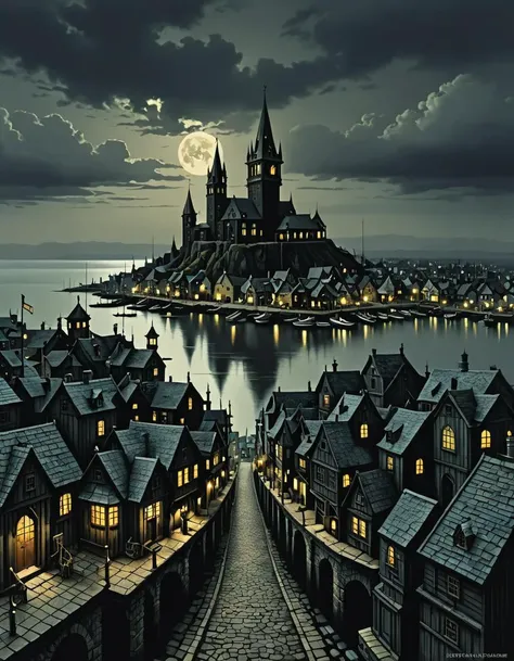 dark fantasy, fantasy town harbor