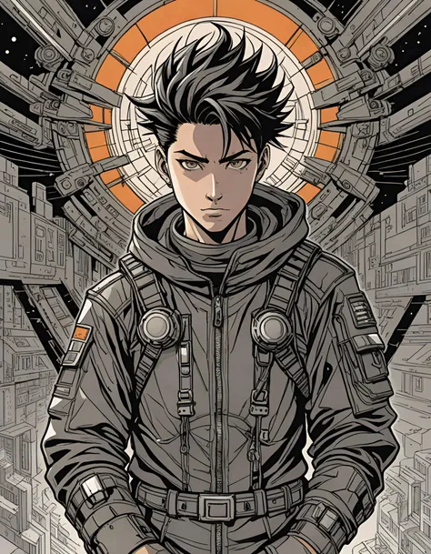lithography, Techwear fashion, Futuristic, cyberpunk, urban, tactical, sleek, dark, highly detailed,, Manga style art, vibrant, high-energy, detailed, iconic, Japanese comic style, manga,, Gradient color guide, Brutalism,, dramatic angle, male   ageless sinewy, pacific islander, steel gray eyes,  snub nose,  soft jaw,  receding forehead, triangle face shape, elegant wrists,  , tangerine textured quiff hair, embarrassment,  symbolic enchantment, tracing magical symbols in the air,  earth wings space mage, fusion of magic and cybernetics, dieselpunk , gazing upwards as celestial beings descend upon the summoner, halo, celestial palace of everlasting light, wood, in-ground well lights, floodlights', detailed eyes, clear face,  
