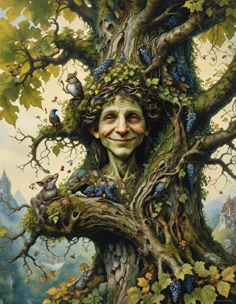 photorealistic portrait of a smiling tree by anton pieck, there are a squirl and birds and insects living in this beautiful voluminous friendly tree by brian froud, blue grapes vine intertwining, in a medieval ancient forest, surrealism,vibrant colors, digital artwork, highly detailed, high contrast, gouache painting, warm colors, summer, flowers