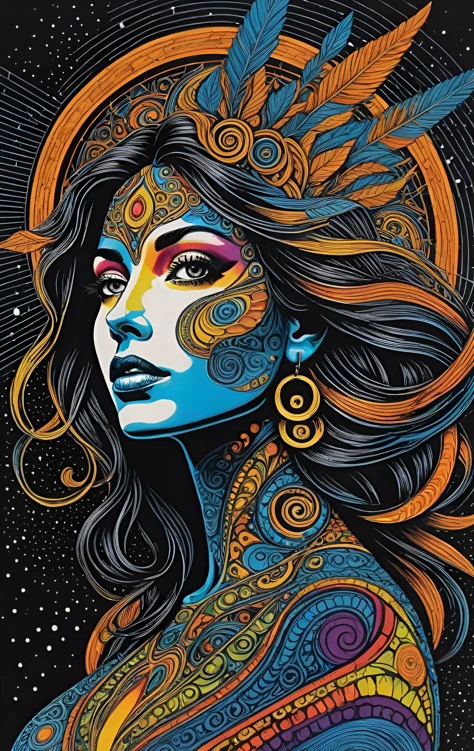 scratchboard art, Astral Aura, astral, colorful aura, vibrant energy,, Vintage color guide, Neo-Dada, Psychedelic style, Vibrant colors, swirling patterns, abstract forms, surreal, trippy,, imaginative, 1 pretty woman, dancing with grace, invoking elemental energies through movement, detailed eyes, detailed face, dramatic angle, masterpiece, best quality, highly detailed,