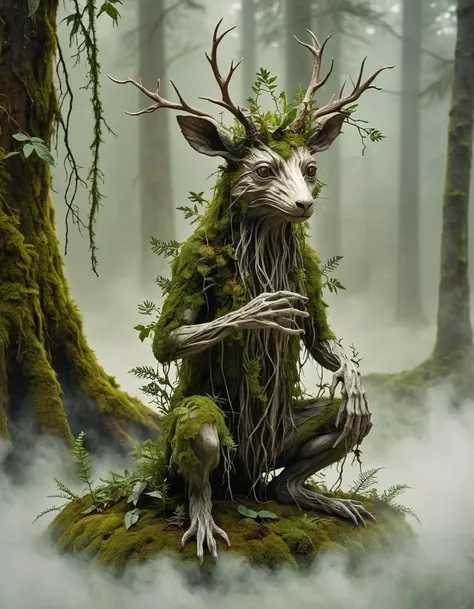 A forest creature made from dense fog, surrounded by mist and lush vegetation. In the style of Wendy Froud's eco-art.