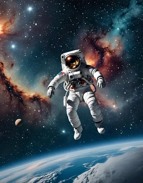 Space exploration, astronaut floating, galaxy backdrop, reminiscent of Stanley Kubrick's visual style