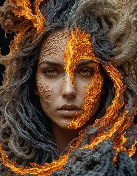 Te fiti front view eyes closed half body green healthy half burning because of pollution