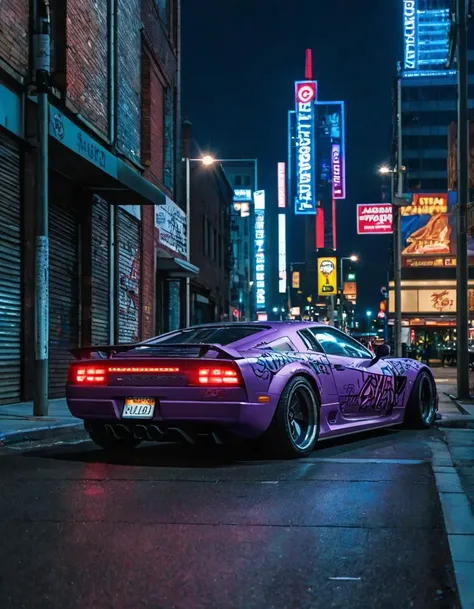 In the heart of a bustling metropolis, a sleek sports car stands out amidst the urban landscape. The vehicle's exterior is adorned with intricate graffiti, a testament to the city's vibrant street art scene. The scene is rendered in stunning 8K resolution, with every detail captured in breathtaking ultrarealistic detail. The car is parked on a deserted street, illuminated only by the soft glow of the moon and the dim streetlights. The night sky is a canvas of deep blues and purples, with the occasional flicker of light from a distant lamppost. This scene is a perfect example of cyberpunk art, blending the gritty realism of digital art with the futuristic flair of a cyberpunk aesthetic., outdoors, sky, no_humans, night, ground_vehicle, building, night_sky, scenery, motor_vehicle, city, car, road, vehicle_focus, lamppost, sports_car, a close up of a car with graffiti on it in a city, cyberpunk art, digital art, cyberpunk art ultrarealistic 8k, 8 k realistic digital art, hyper realistic octane render 4k