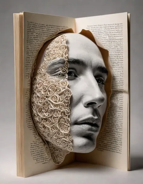 A surreal portrait of a human face being opened like a book, intricate accurate details, capturing the transition from skin to paper, 8K.