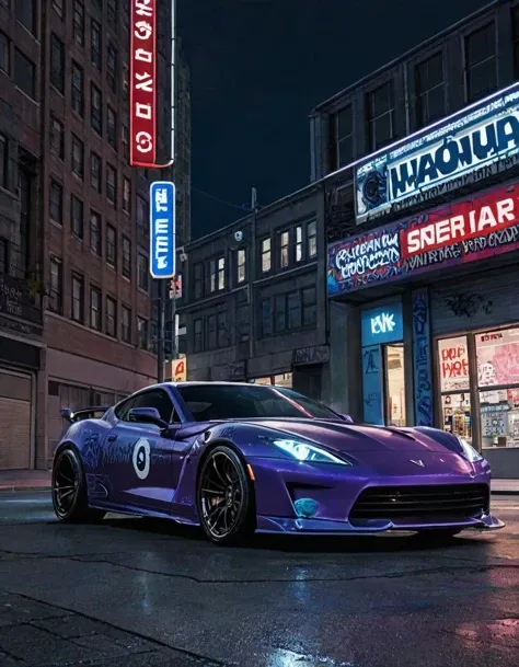 In the heart of a bustling metropolis, a sleek sports car stands out amidst the urban landscape. The vehicle's exterior is adorned with intricate graffiti, a testament to the city's vibrant street art scene. The scene is rendered in stunning 8K resolution, with every detail captured in breathtaking ultrarealistic detail. The car is parked on a deserted street, illuminated only by the soft glow of the moon and the dim streetlights. The night sky is a canvas of deep blues and purples, with the occasional flicker of light from a distant lamppost. This scene is a perfect example of cyberpunk art, blending the gritty realism of digital art with the futuristic flair of a cyberpunk aesthetic., outdoors, sky, no_humans, night, ground_vehicle, building, night_sky, scenery, motor_vehicle, city, car, road, vehicle_focus, lamppost, sports_car, a close up of a car with graffiti on it in a city, cyberpunk art, digital art, cyberpunk art ultrarealistic 8k, 8 k realistic digital art, hyper realistic octane render 4k