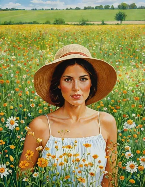 A realistic painting of a painting of a woman in a field of flowers with a hat, peaceful