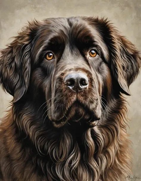 A painting of a Portrait of a Newfoundland dog with a solemn expression. The dog has a dense, wavy brown coat, darker around the face, and lighter highlights on the chest. It has soulful amber eyes, a black nose, and is gazing slightly to the right. The background is a muted, neutral gray, focusing the viewer's attention on the dog's face. The painting captures the gentle and calm demeanor characteristic of the breed.