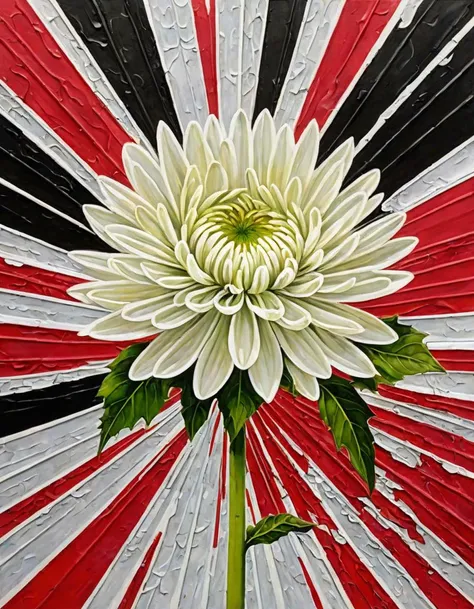 A realistic painting of a large white chrysanthemum dominates the center, surrounded by vivid red and pink folded structures reminiscent of petals, with hints of white and gray, The background is deep black which contrasts sharply with the botanical elements, Below the chrysanthemum, there is a reflective surface with what seems like a glass or crystal texture, which adds abstract red and white distortions, Lush green leaves strategically peak behind the white flower, adding a burst of vibrant color to the composition, The bottom half of the scene is mirrored on the surface below, enhancing the symmetrical arrangement, high resolution