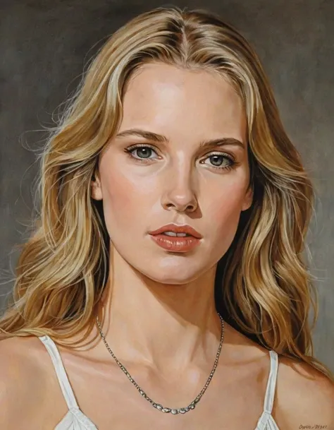A realistic painting of a woman with a fair complexion is depicted with her head and shoulders visible, Her blonde hair is partially wavy and cascades over her right shoulder, with some strands resting around her neck, She has brown eyes with dark makeup and is looking directly forward with a neutral expression, which is emphasized by her nearly symmetrical appearance, Her lips are closed, and she wears light lipstick, The attire consists of a white top with a round neckline, The background is a nondescript solid color, providing a clean contrast to her figure, high resolution
