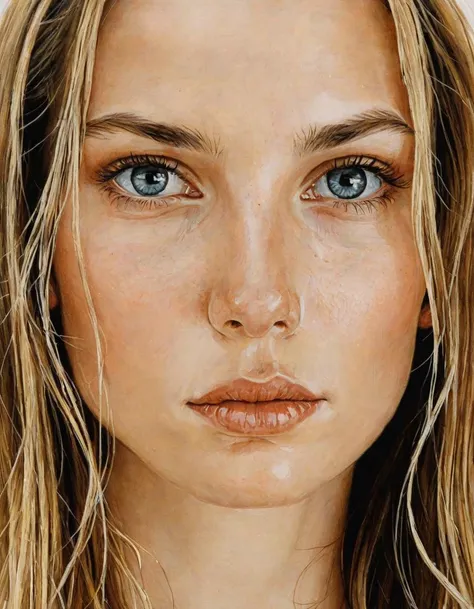A realistic painting of a face occupies the frame almost entirely, exhibiting a high level of detail in features such as the eyes, nose, and lips, The face is depicted with black markings around the right eye, extending across the nose to the left cheek, Streaks of black can also be seen running down from the inner part of the left eye, Several strands of blonde hair dangle across the forehead and cheeks, The eyes are particularly expressive, with the left eye looking directly at the viewer, while the right eye is partially obscured by hair, The complexion is fair, and soft lighting seems to accentuate the facial contours, The background is a nondescript warm color that sets off the subject's features, high resolution