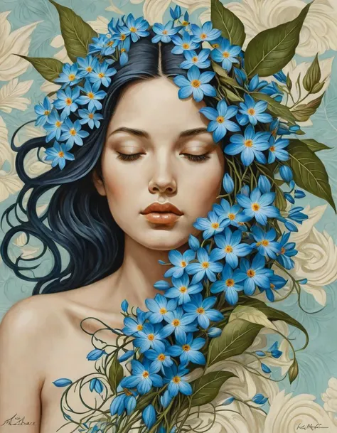A serene portrait centers on a figure with their eyes closed and head tilted slightly upward. A cascade of vibrant blue flowers and leaves intertwines with the figure's hair, blending organically into the surrounding foliage. The background features muted, textured shades of blue and beige, setting a tranquil and somewhat ethereal tone. The artwork straddles realism and fantasy, with lifelike facial details juxtaposed against the surreal floral elements.