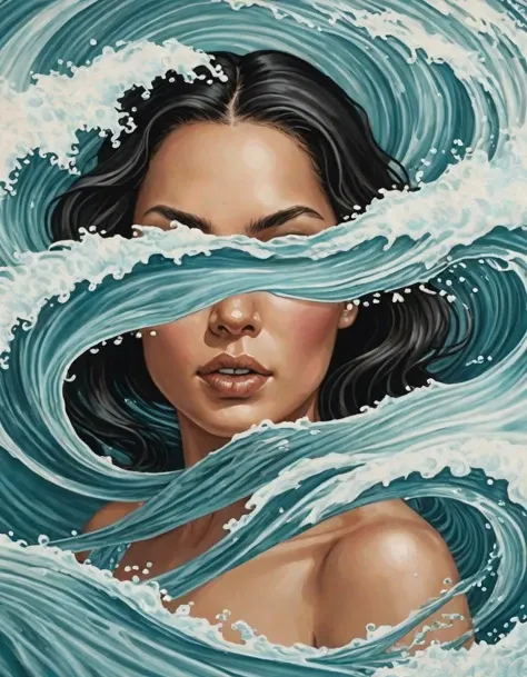 Realistic digital painting fuses a woman's face with a turbulent wave, creating a visage with the wave serving as a blindfold. The woman's features are rendered with meticulous detail, from the soft skin to the parted lips. The wave's motion is captured with dynamic swirls and frothy crests, suggesting both power and grace. The color palette is subdued, primarily focusing on the aqua blues and whites of the water, set against the warm tones of the subject's face. This imaginative composition blurs the line between human and nature, encapsulating a serene yet potent force.