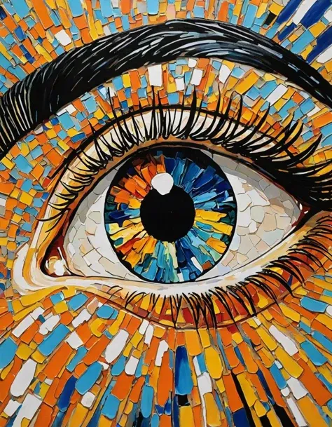 Expressionist oil painting depicts a vibrant, close-up portrayal of a human eye. The brushwork is thick and impasto, with bold strokes of orange, blue, black, and white. The iris is a kaleidoscope of colors, radiating outwards with dynamic energy. The surrounding eyelashes are rendered with heavy black lines that contrast sharply against the vivid colors. The overall effect is one of intense emotion and visual impact, inviting the viewer to consider the subject of sight and perception.