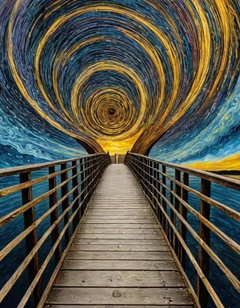 A surreal and artistic manipulation shows a wooden footbridge leading forward towards the center of the frame. The footbridge is flanked by swirling railings that undulate and distort as if they are being pulled and twisted by an invisible force. Above is a chaotic, swirling sky filled with a kaleidoscope of colorsâyellows, blues, purples, and blacksâintricately intertwined in an almost Van Gogh-like starry night effect. The whole scene has an otherworldly and dream-like quality, separating the straightforward path of the bridge from the swirling madness that surrounds it. The color of the bridge and immediate surroundings stand in muted contrast to the vibrant distortions above.