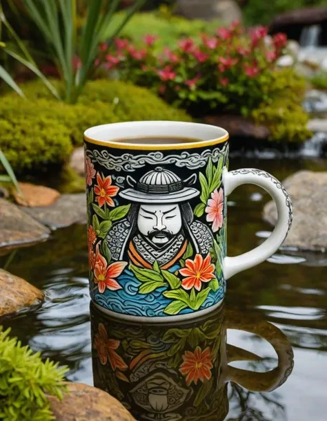 a mug made to look like a Samurai, Sunken gardens, aquatic blooms, peaceful ponds, koi fish, tranquil oasis., holiday, Inner Strength, Seasoned photographer, Nikon D780, carefully arranged objects, intricate details, harmonious composition