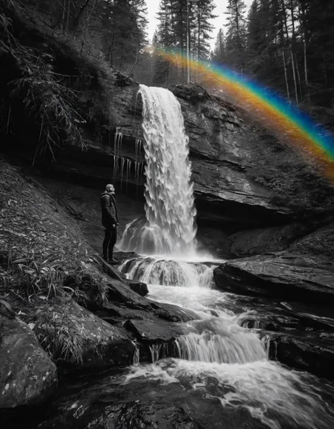 a spectral hologram made to look like a Mutant, Flowing water, cascading waterfall, refreshing mist, natural beauty, serene landscape, Laid-back, Paisley, Seasoned photographer, Ricoh GR III, monochrome, candid moments, Rainbow prism, spectral colors, refracted light, vibrant hues, dazzling display