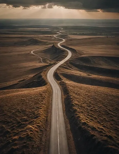 (In the Long Run:0.0) A long, winding road disappearing into the horizon, symbolizing a journey over time or the future unfolding, Dystopian Landscape Imagery