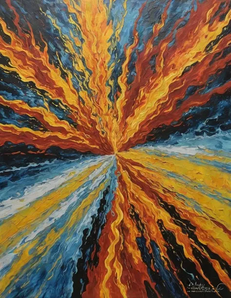(At Odds With:0.0) Two contrasting elements like fire and water depicted on either side of the canvas, representing conflict or disagreement, Dynamic Color Palette