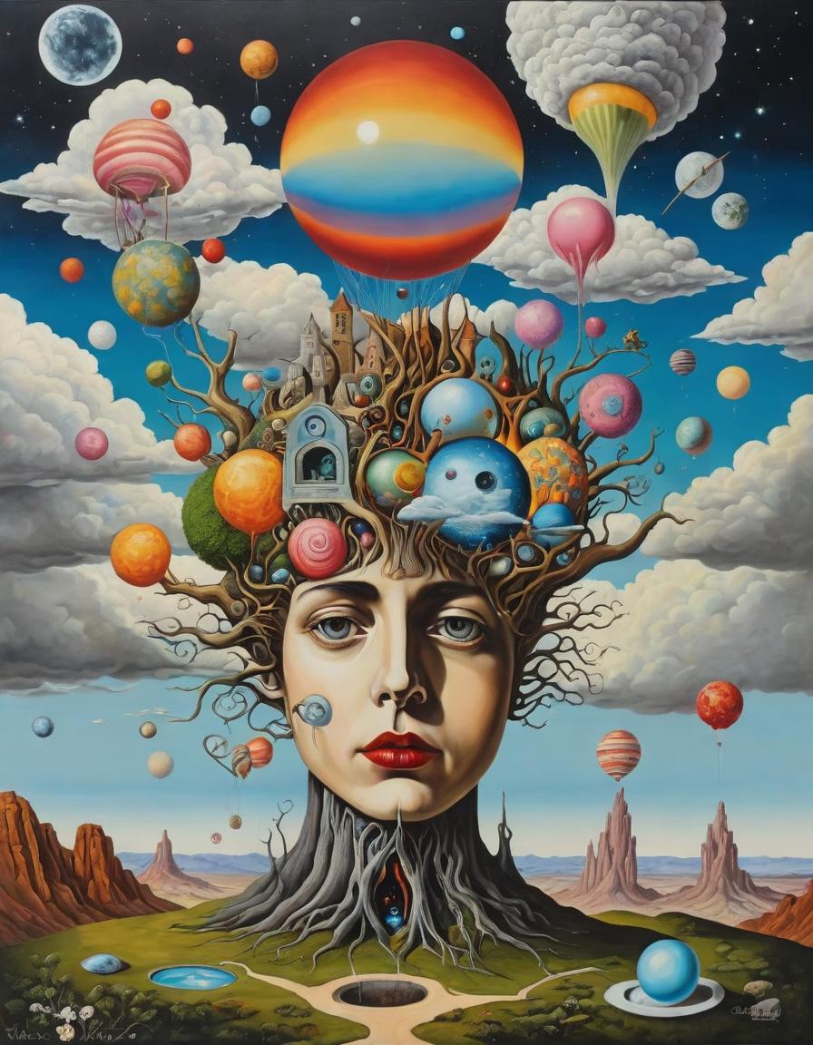 A painting of a woman with a tree and planets in her head - SeaArt AI