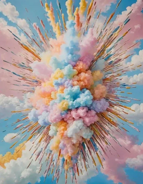 (On Cloud Nine:0.0) A surreal, joyous explosion of pastel colors, arranged in a buoyant, upward motion to signify elation and euphoria, Fantastical Elements