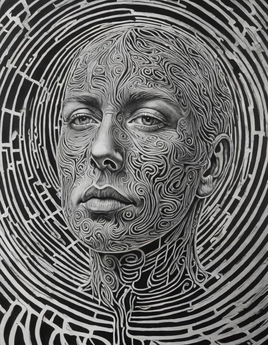 (Lost in Thought:0.0) A complex labyrinth of delicate lines, with layers upon layers of transparency, representing the intricate and winding journey of introspection, hyperrealistic facial features
