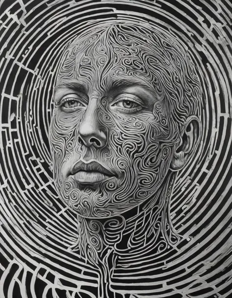 (Lost in Thought:0.0) A complex labyrinth of delicate lines, with layers upon layers of transparency, representing the intricate and winding journey of introspection, hyperrealistic facial features