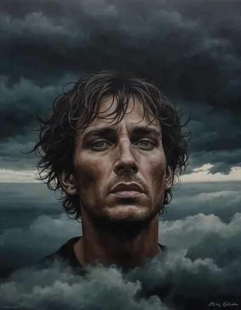 (Dark Cloud:0.0) An entirely dark, stormy canvas without any hint of brightness, signifying despair without hope, hyperrealistic facial features
