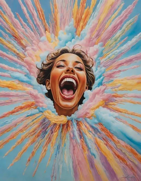 (On Cloud Nine:0.0) A surreal, joyous explosion of pastel colors, arranged in a buoyant, upward motion to signify elation and euphoria, hyperrealistic facial features