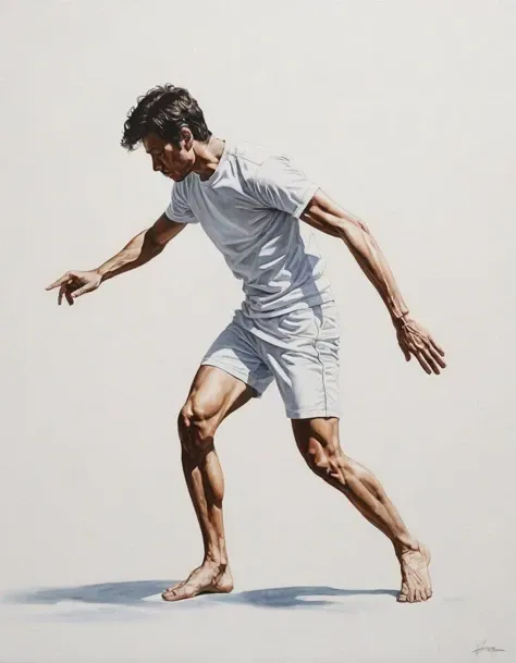 (Second Nature:0.0) A minimalist painting of a person seemingly effortlessly performing a complex task, suggesting the idea of mastery or innate ability, hyperrealistic facial features