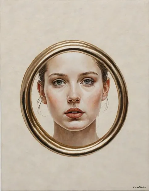 (Out of the Loop:0.0) A single, solitary ring or loop painted in the corner of a canvas filled with interconnected rings, suggesting a sense of exclusion or disconnection, hyperrealistic facial features
