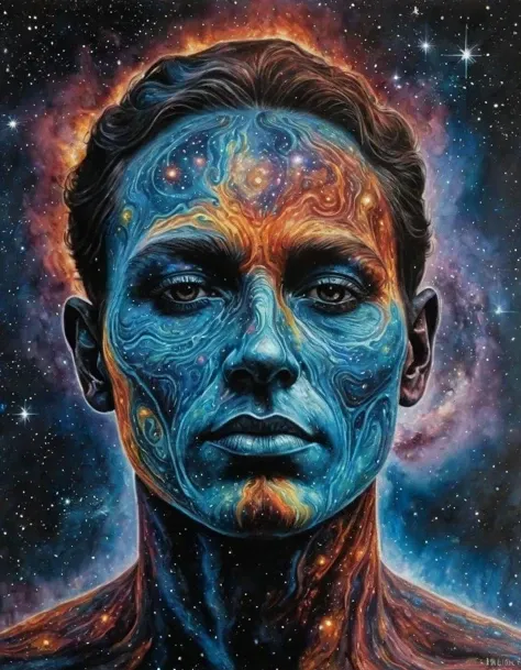 All Is Known, omniscient figure, cosmic background, vibrant nebulas, (hyperrealistic facial features:1.3)