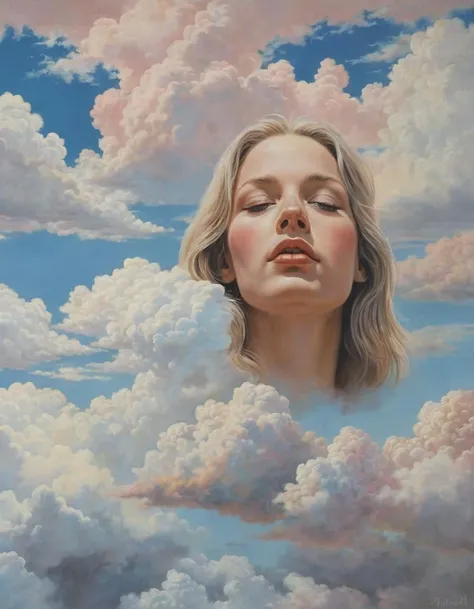 Am I In Heaven?, ethereal landscape, cloud figures, heavenly pastels, (hyperrealistic facial features:1.3)