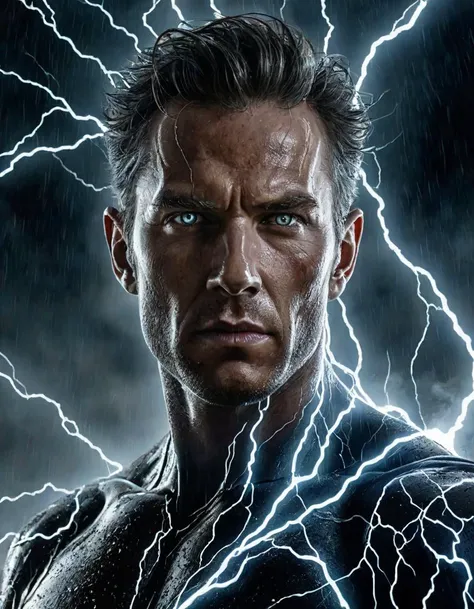 The Lord of Lightning, electrified figure, stormy atmosphere, high contrast, (hyperrealistic facial features:1.3)