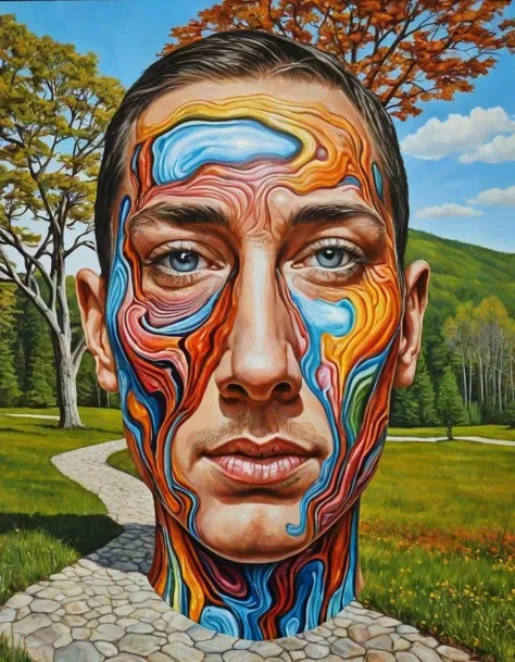 Reals Not Real, distorted reality, surreal landscape, vivid colors, (hyperrealistic facial features:1.3)