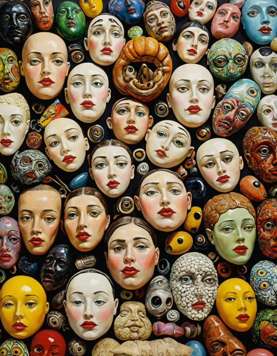 Oddments, array of strange objects, surreal composition, vibrant palette, (hyperrealistic facial features:1.3)
