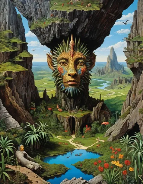 Polygondwanaland, mythical landscape, strange flora and fauna, rich colors, (hyperrealistic facial features:1.3)