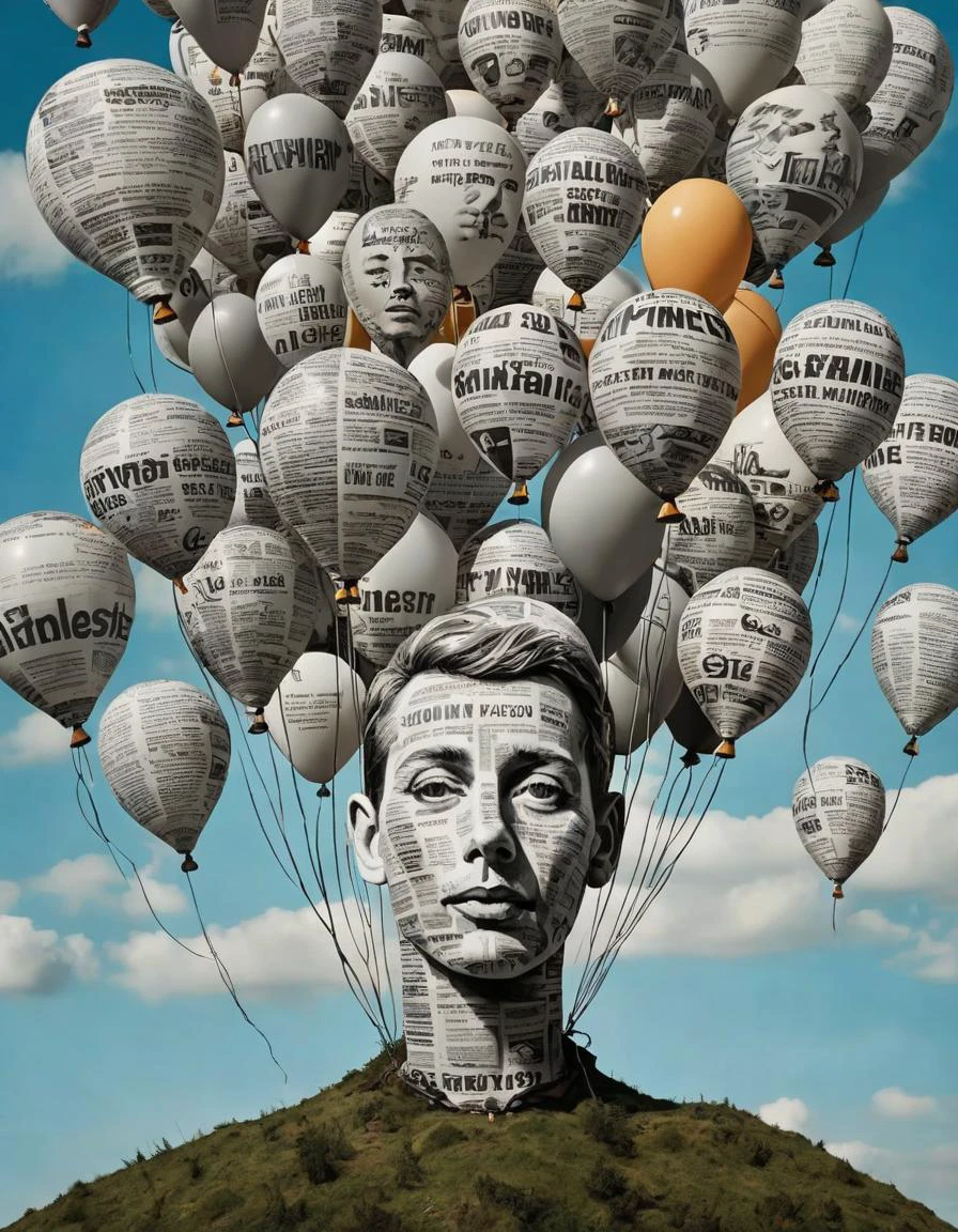 Dreamlike sky, floating balloons made of newspaper clippings, surreal landscape below, retro-futuristic aesthetic, (hyperrealistic facial features:1.3)