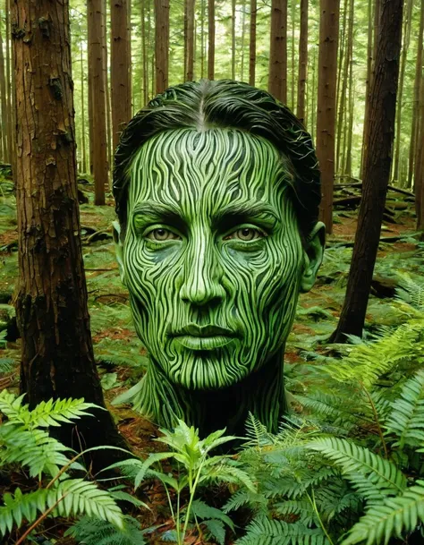 Sea of Trees, dense forest, labyrinthine paths, shades of green, (hyperrealistic facial features:1.3)