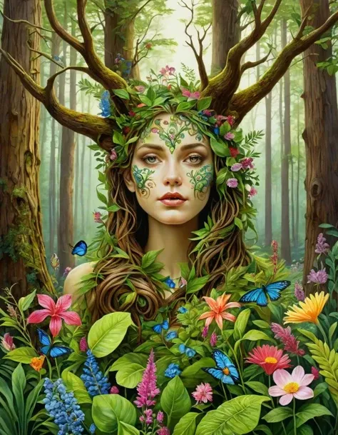 Serene forest, senses personified as woodland creatures, vibrant plant life, vivid style fantasy landscape, (hyperrealistic facial features:1.3)