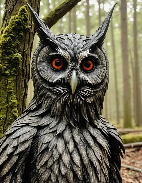 Owlman (Cryptid), (hyperrealistic facial features:1.3), Fairy tale setting, enchanted landscape, magical beings, dreamy atmosphere, otherworldly charm