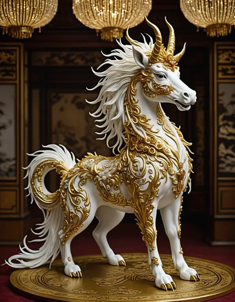 Kirin (Japanese Mythical Creature), (hyperrealistic facial features:1.3), Enchanted ballroom, gilded details, waltzing couples, sparkling chandeliers, timeless elegance