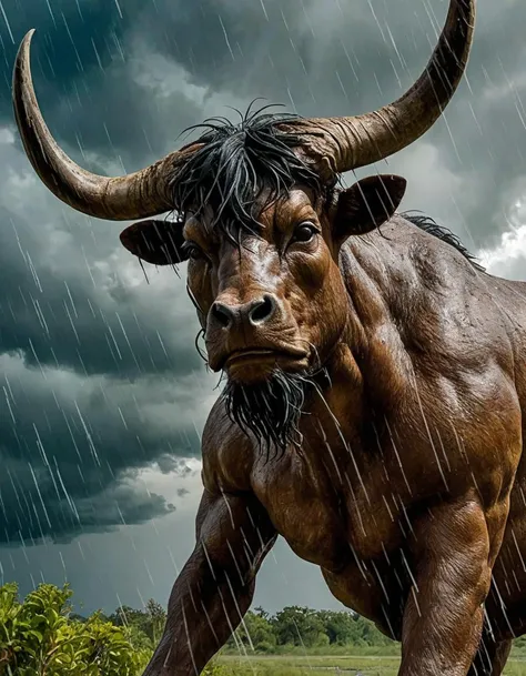 Minotaur, (hyperrealistic facial features:1.3), Tropical storm, powerful winds, torrential rain, dramatic clouds, force of nature