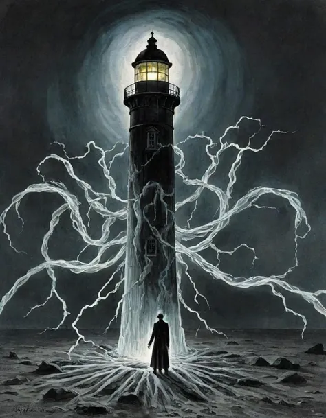 Sven Nordqvist style illustration, Faint apparition, disintegrating figure revealing forsaken lighthouse through its semi-transparent form, face twisted in an eternal scream, echoing the nightmarish aesthetics of H.P. Lovecraft