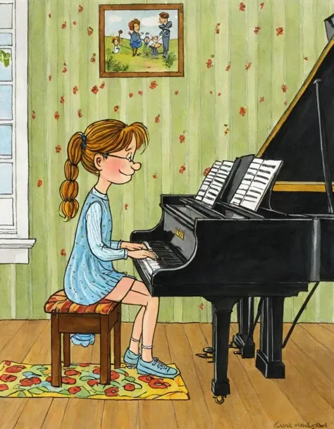 Sven Nordqvist style illustration, a young girl playing piano