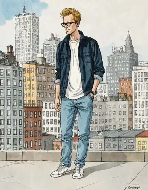 Sven Nordqvist style illustration, 2010s, Cuffed jeans, white sneakers, cityscape, Acros 100, minimalist style