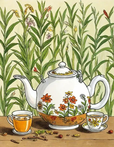 Sven Nordqvist style illustration, a teapot