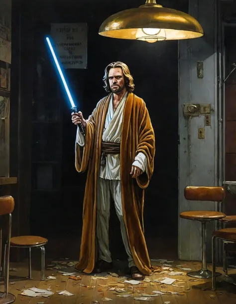 An illustrated movie poster, hand-drawn, full color, a young Star Wars gunslinger, 21-years-old, male, wearing a duster, portly figure, broad shoulders, muscular, hairy body, lost of body hair, brown eyes, brown-black hair, curly voluminous mane, sun-tanned skin, resembles Lou Ferrigno, standing in a seedy cantina, graphite shading, stencil marks, airbrushed acrylic paint, masterpiece, in the style of Drew Struzan