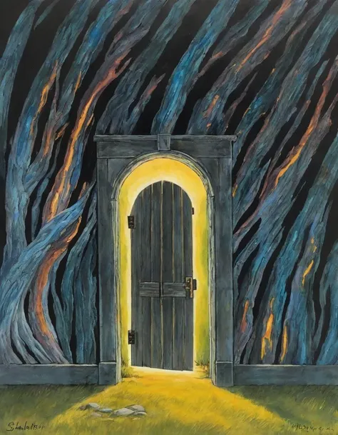 Sven Nordqvist style illustration, the door of knowing, a portal brightly opening the way through darkness. abstract anime landscape oil painting.